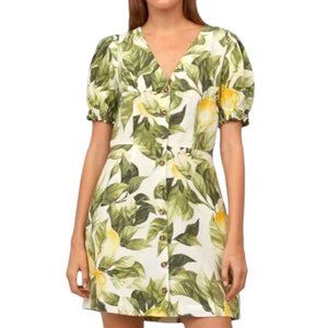 H&M Lemon Green Leaf Print Short Puff Sleeve Linen Blend Mini Dress Size XL